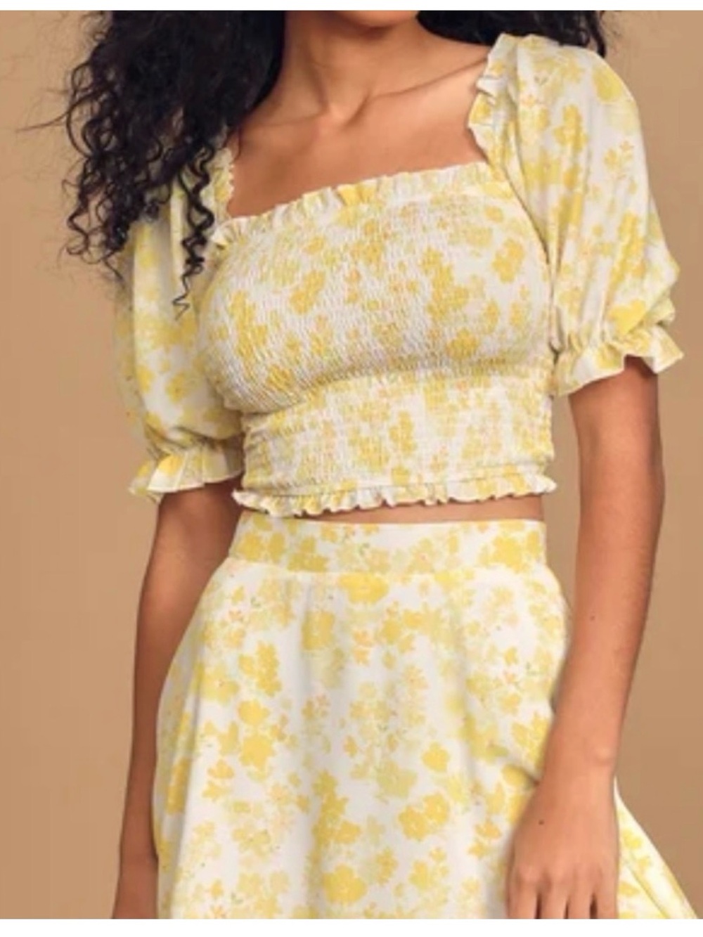 Charlie Holiday Yellow Floral Ruffle Smocked Milkmaid Peasant Crop Top Size 6